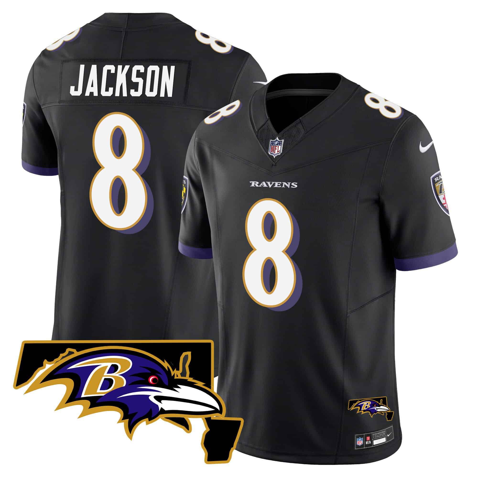 Men Baltimore Ravens 8 Jackson Black 2024 Nike Maryland Patch Vapor Limited NFL Jersey style 1